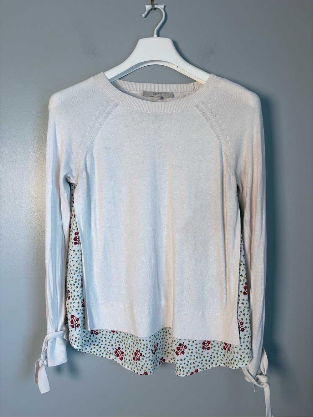 LOFT Womens Medium White Mixed Media Floral Back Sweater Layered Tie Sleeve Top